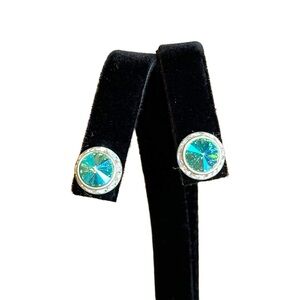 Vintage AB Blue Green Rivoli Faceted Glass Rhinestone Halo Pierced Stud Earrings